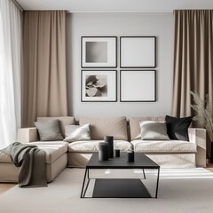 Mockup of the inside of a sleek and contemporary living room complete with a couch, coffee table, and empty frames. generative AI