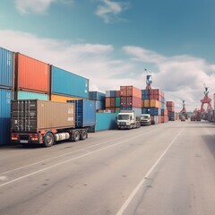 Container truck at the pier with background in logistics, import, and export. generative AI
