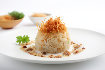 Xoi, Vietnamese AI generative sticky rice dish topped with fried shallots, shredded chicken, or pork floss