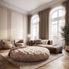 Modern living room in a classic apartment with a large cream-toned window, parquet floor, and a nice sofa with a pillow. generative AI