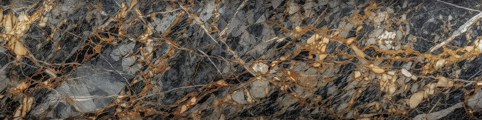 Panorama of polished dark grey granit or marble surface with golden inclusions. AI generative stone panoramic texture background, banner