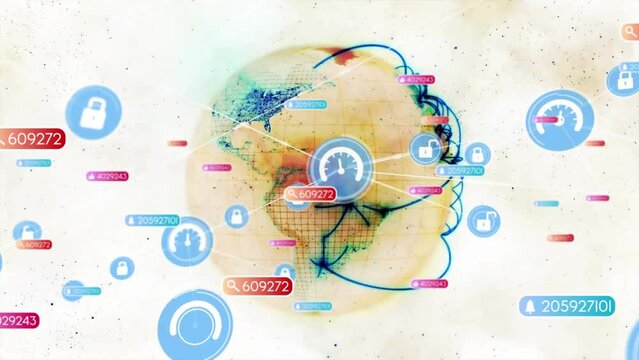 Animation of network of connections with media icons over globe