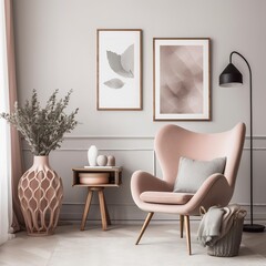 Interior design of a stylish living room with an armchair, a modern commode, mock up frames, and imaginative home accessories. Template. Make a copy of the spot. generative AI