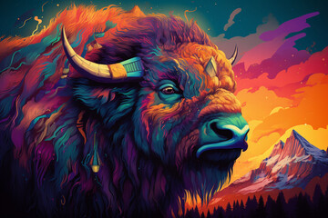 Illustration of buffalo in colorful style - obrazy, fototapety, plakaty