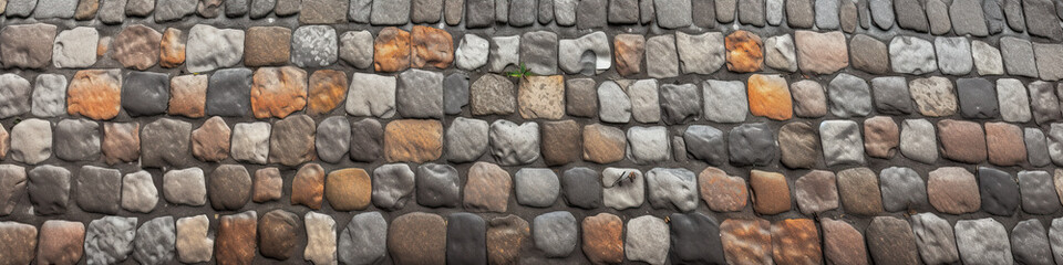 Cobblestones, panoramic banner with old historic cobbled street, AI generative panorama