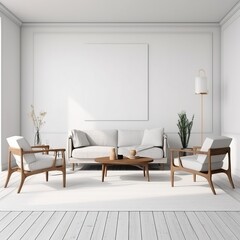White living room interior with sofa, two armchairs, coffee table, hardwood floor, and carpet. White wall mockup with copy space. generative AI