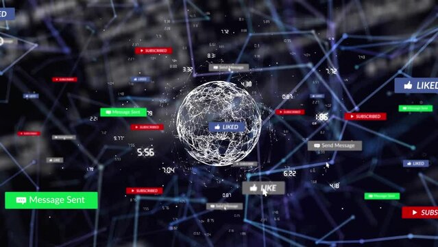 Animation of media icons and data processing over globe
