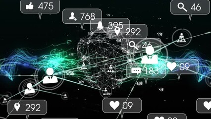 Animation of media icons and data processing over colourful shapes - Powered by Adobe