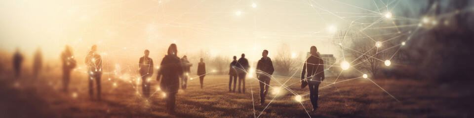 Fototapeta premium Group of walking people and communication network concept. Social mesh. AI generative illustration.