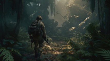 soldier maneuvers in jungle terrain, digital art illustration, Generative AI