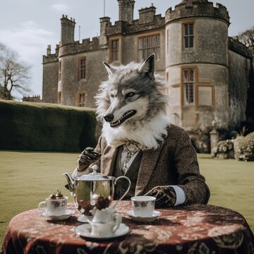 Anthropomorfic silver wolf having tea at a fancy english castle. Surreal fun fantasy shot. Generative AI.