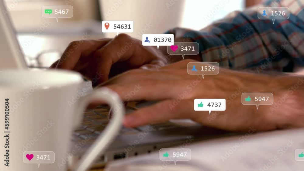 Poster animation of social media data processing over caucasian man using computer