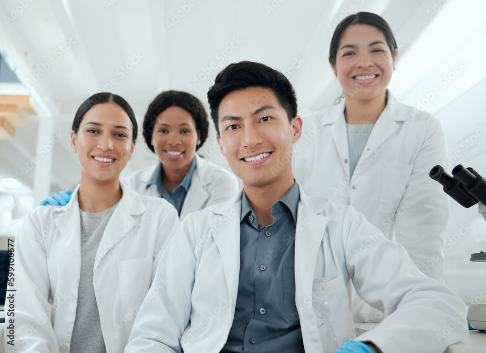 Sticker This is a group effort. a proud team of scientists together in their lab.