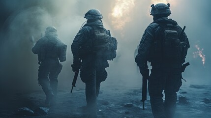 Fototapeta premium soldiers with rifles on smoke, digital art illustration, Generative AI