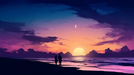 Fototapeta na wymiar Romantic beach scene with couple holding hands and moon in sky, couple in love on shore, silhouette style, generative AI