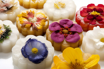 Hwajeon: Flower-shaped rice cakes with sweet toppings like honey or nuts with flowers. AI generative.