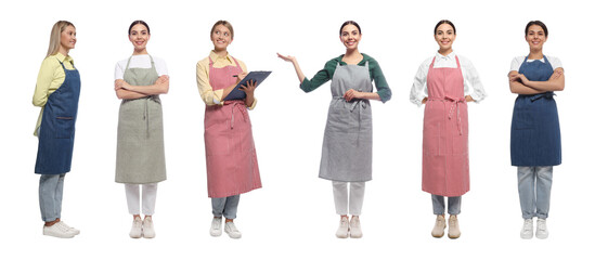 Collage with photos of women in aprons on white background