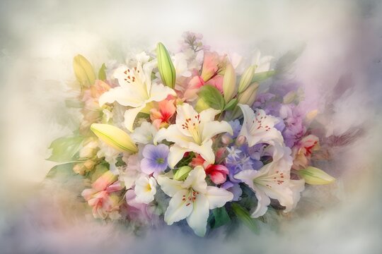 A still life of a bouquet of flowers in a watercolor medium with a soft focus and pastel colors. AI-Generated image