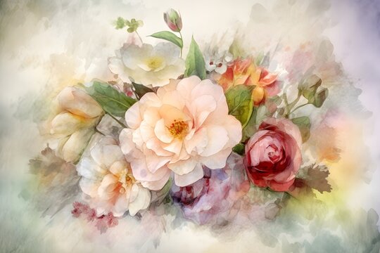 A still life of a bouquet of flowers in a watercolor medium with a soft focus and pastel colors. AI-Generated image