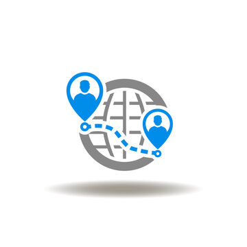 Vector illustration of earth planet and location pointers with men. Icon of geo targeting. Symbol of travel, tourism, traking.