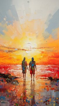 Couple holding hands and watching sunset on beach, oil painting style, generative AI