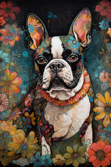 Portrait of Boston Terrier Dog in Colorful Psychedelic Style. Generative ai