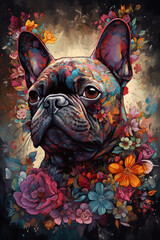 Portrait of French Bulldog Dog in Colorful Psychedelic Style. Generative ai - 599102184