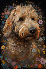 Portrait of Golden Doodle Dog in Colorful Psychedelic Style. Generative ai