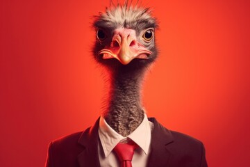 Anthropomorphic Ostrich dressed in a suit like a businessman. Business Concept. AI generated, human enhanced