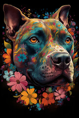 Portrait of Pit Bull Dog in Colorful Psychedelic Style. Generative ai