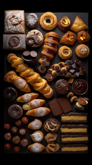 French sweets, flat lay, top view assorted cookies and traditional desserts, AI generative overhead view of knolling arrangement