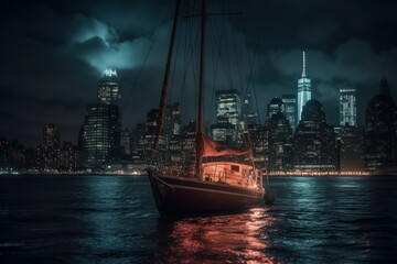 Sailboat at night at sea. Backdrop or background with copy space. AI generated, human enhanced.