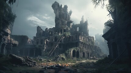 mystery castle ruins, digital art illustration, Generative AI