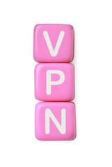 Fototapeta premium Pale pink beads with acronym VPN on white background, top view