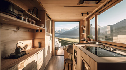 A kitchen with a sink and a window. AI generative. Tiny house interior concept image.