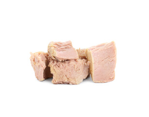 Delicious canned tuna chunks isolated on white
