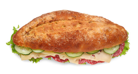 Delicious sandwich with cucumber, cheese, salami and lettuce leaves isolated on white
