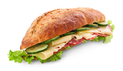 Delicious sandwich with cucumber, cheese, salami and lettuce leaves isolated on white