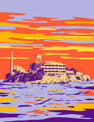 Fototapeta premium WPA poster art of Alcatraz Island with a lighthouse, military fortification and federal prison located in San Francisco, California USA done in works project administration or Art Deco style.