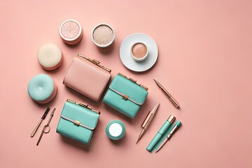 Fashion accessories, bag products, jewelry and handbags on pastel background. Beauty and fashion concept, flat lay, Generative AI