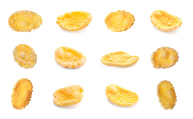 Collage with tasty corn flakes on white background