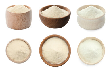 Set with agar-agar powder isolated on white, top and side views