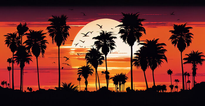 Beautiful tropical beach with silhouettes of palm trees in the twilight evening sun - AI generated image