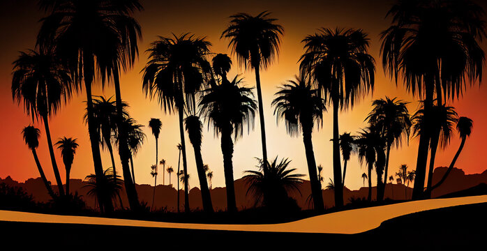 Beautiful tropical beach with silhouettes of palm trees in the twilight evening sun - AI generated image