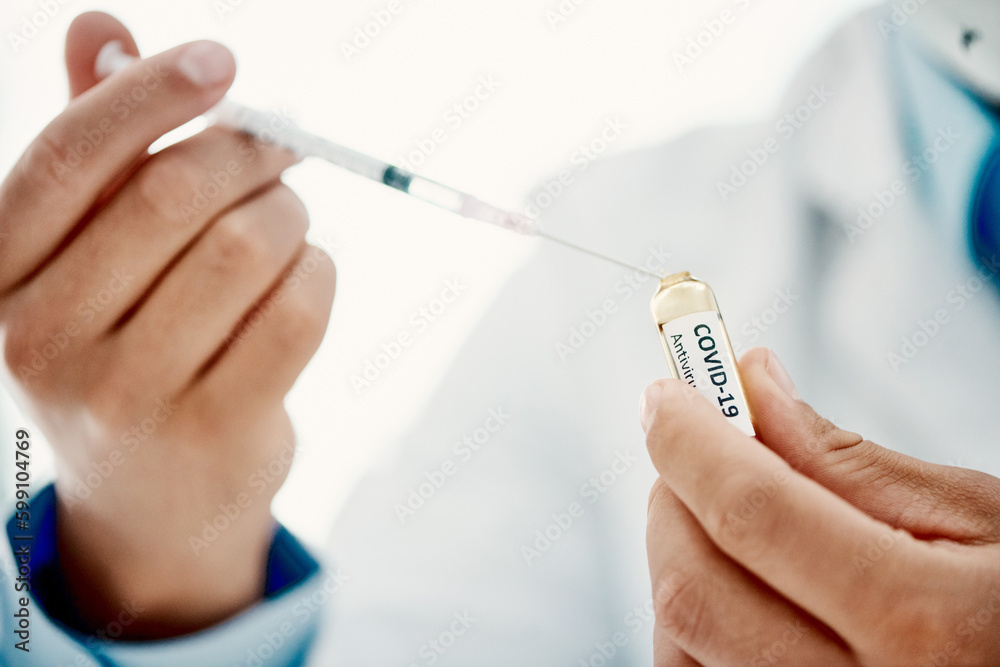Poster Ive got you covered against Covid. a scientist extracting medication using a syringe from an ampoule with 2019-nCov on it.