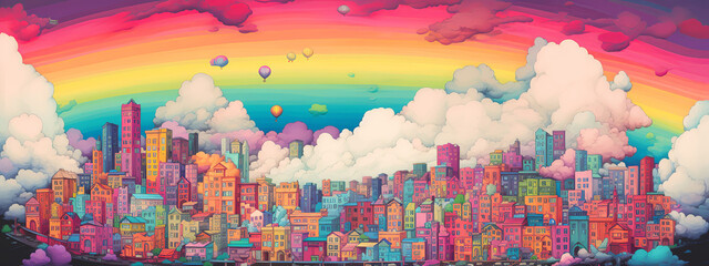 city, sky, rainbow, landscape, night, skyline, light, rainbow, cityscape, cloud, urban, building, sunset, vector, sun, water, blue, nature, illustration, clouds, architecture, town, generative, ai