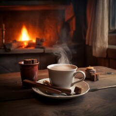 Steaming coffee with foam heart and cinnamon stick on wooden table, generative AI