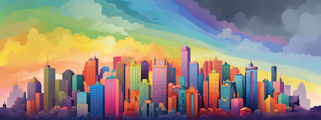 city, sky, rainbow, landscape, night, skyline, light, rainbow, cityscape, cloud, urban, building, sunset, vector, sun, water, blue, nature, illustration, clouds, architecture, town, generative, ai