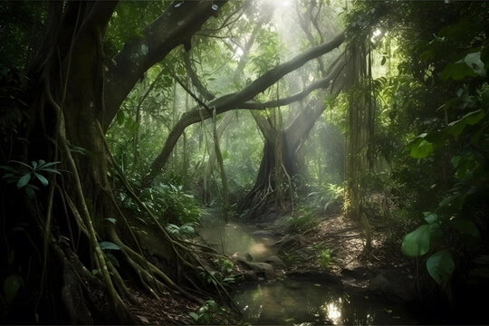 Deep tropical jungles of Southeast Asia with sun light. Generative AI