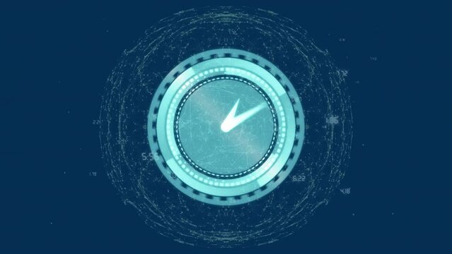 Animation of moving clock over globe of connections with data processing on blue background
